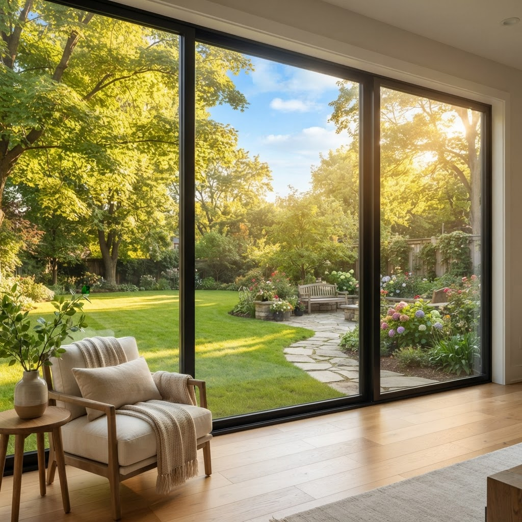 Sunny backyard with green lawn and maple trees seen through a floor-to-ceiling window