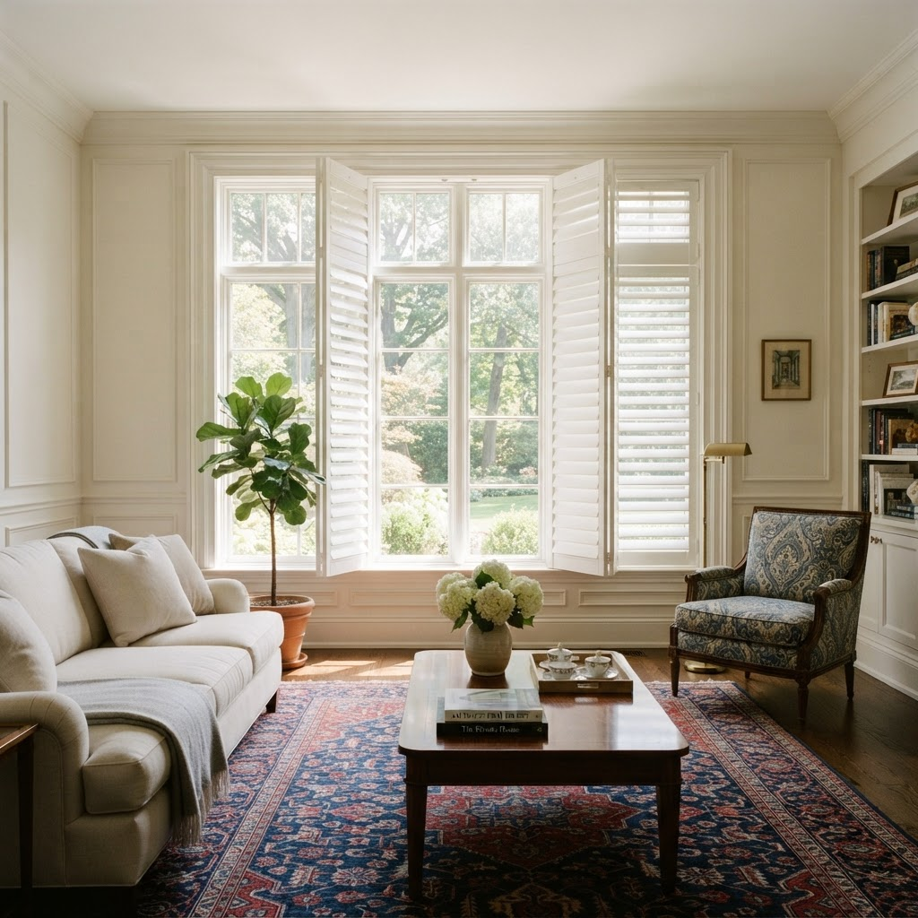 Plantation Shutters — Permanent architecture that adds resale value.